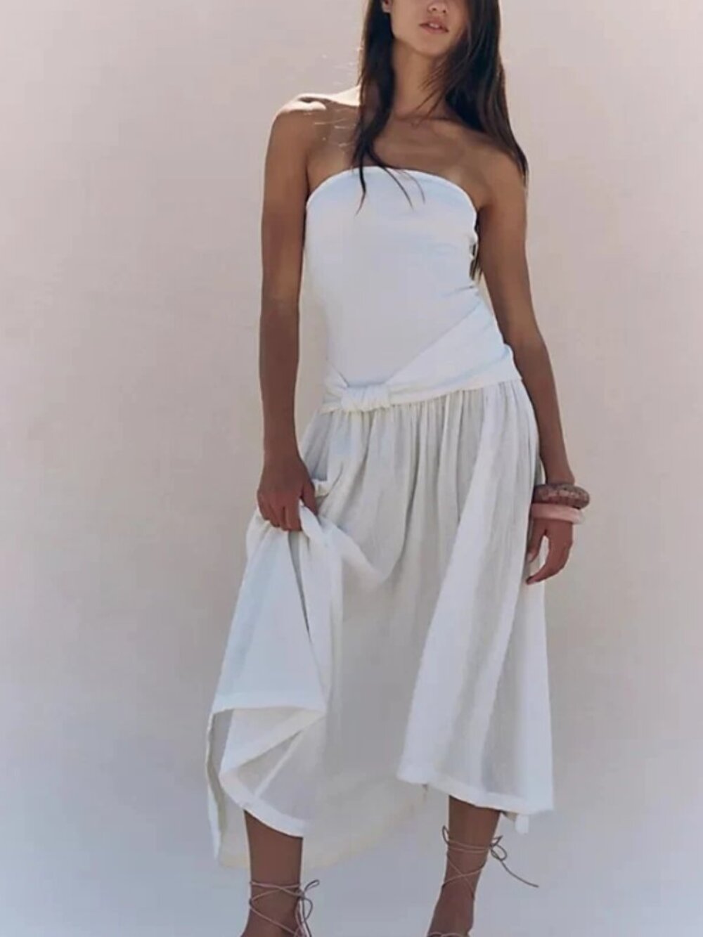 Free People Sable Midi Dress Asymmetrical Ivory Strapless Gather L